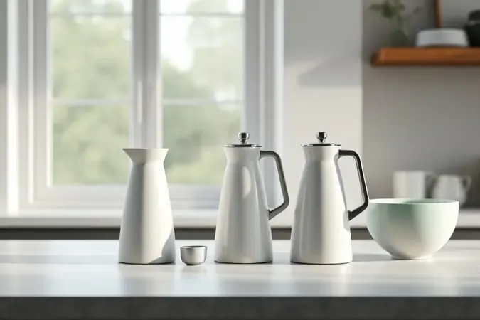 Comparação de espumadores de leite minimalistas em bancada de cozinha com luz natural