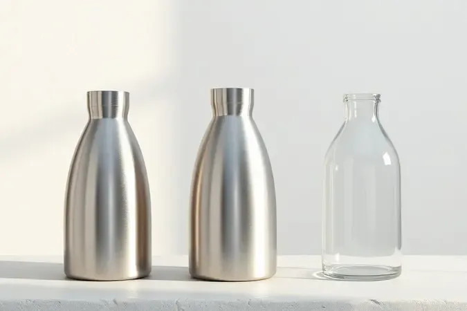 Comparação conceitual entre jarras de inox, alumínio e vidro para cafeteiras elétricas, render 3D limpo com iluminação difusa
