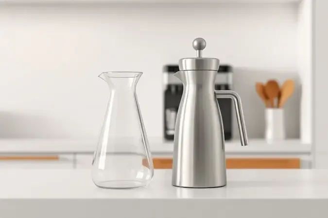 Comparação conceitual entre jarra de vidro e jarra de inox em bancada moderna com cafeteira ao fundo