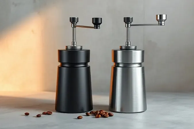 Render 3D conceitual comparando dois moedores de café manuais minimalistas lado a lado em superfície de concreto