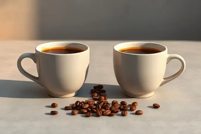 duas xícaras de café lado a lado em cena conceitual de comparação com grãos entre elas