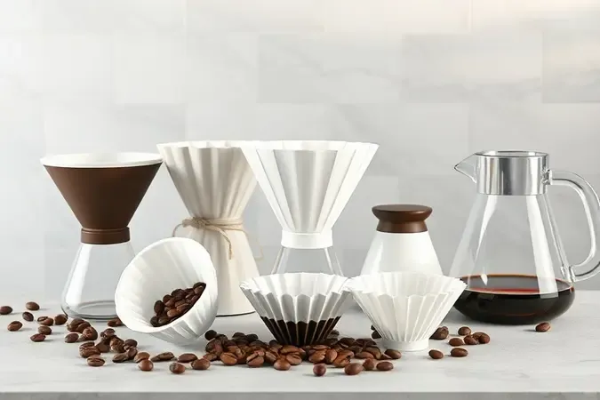 Filtros e coadores de café de diferentes formatos dispostos em bancada limpa para comparação