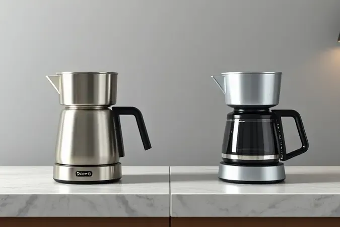 Comparativo conceitual entre cafeteira italiana de inox e de alumínio sobre bancada de pedra, iluminação direcional elegante.