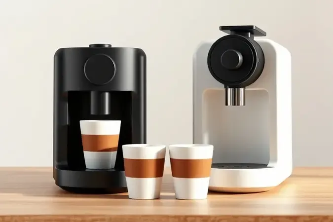 Comparativo conceitual de duas cafeteiras de cápsulas, modelos compacto e maior, lado a lado sobre superfície de madeira.