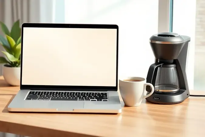 Cena conceitual de compra segura de cafeteira online com notebook, xícara de café e mesa limpa