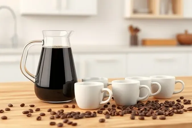 Jarra de café cheia com xícaras variadas e grãos sobre bancada moderna para consumo diário