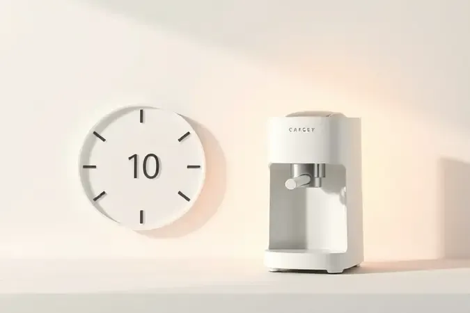 Máquina de café conceitual ao lado de relógio abstrato e medidor de eficiência energética