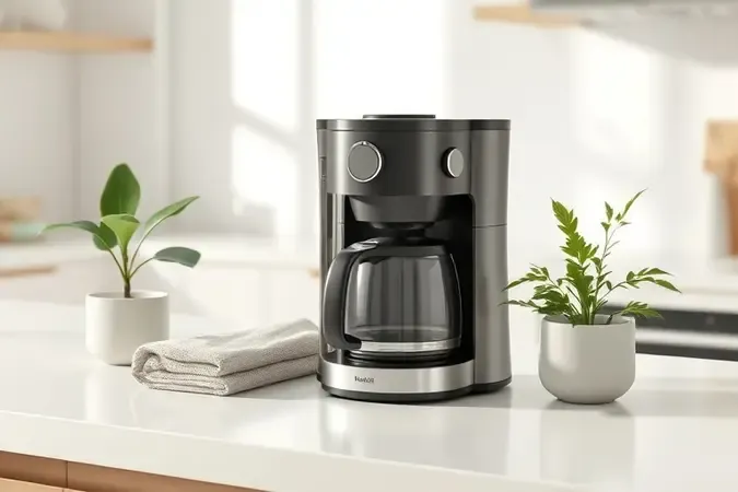 Cafeteira elétrica com filtro removível, pano de limpeza e planta em cena conceitual de eficiência e manutenção