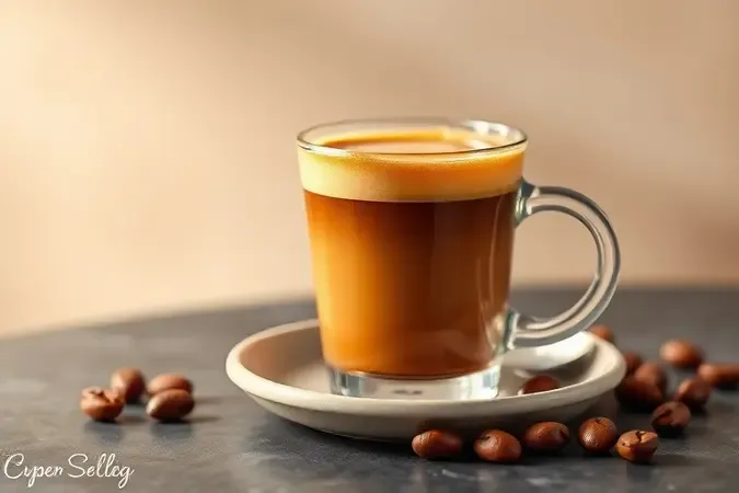 Render 3D de xícara de espresso com crema dourada e grãos de café ao redor representando qualidade na xícara