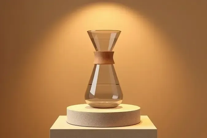 Render conceitual de cafeteira de vidro com colar de madeira sobre pedestal de pedra em ambiente minimalista