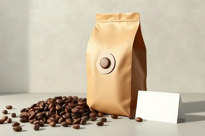 Render conceitual de embalagem de café sem marca ao lado de grãos inteiros, destacando os critérios de avaliação observados na embalagem.