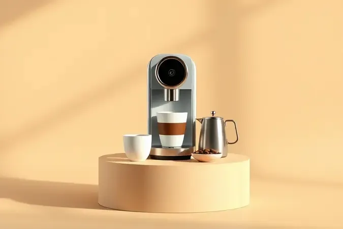 Máquina de café moderna sobre superfície limpa com xícara e acessórios, render 3D conceitual sobre critérios de escolha