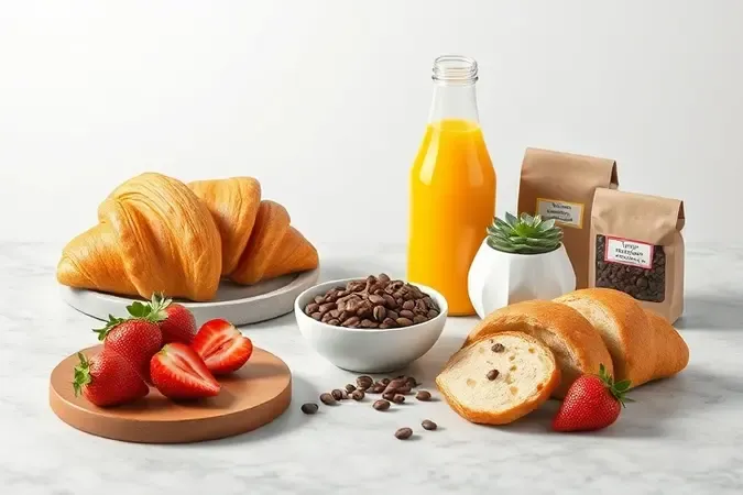 Seleção premium de itens para cesta de café da manhã com croissants, frutas frescas e café especial