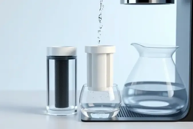 Filtro de água e reservatório transparente em render 3D conceitual ilustrando manutenção e cuidados com a água da cafeteira