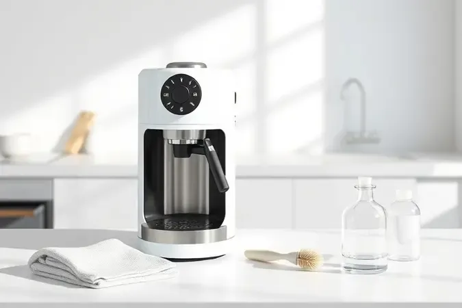 Limpeza e manutenção de cafeteira com tanque de água, jarra de descalcificante e pano de microfibra