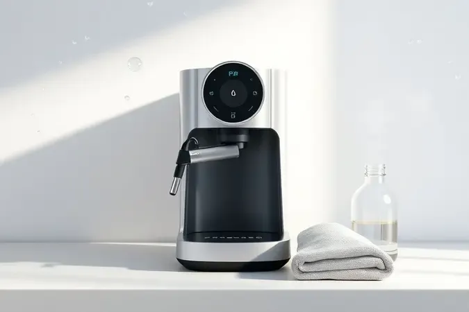 Cena de limpeza de cafeteira moderna com paño macio e gotas de água, render 3D conceitual sobre manutenção