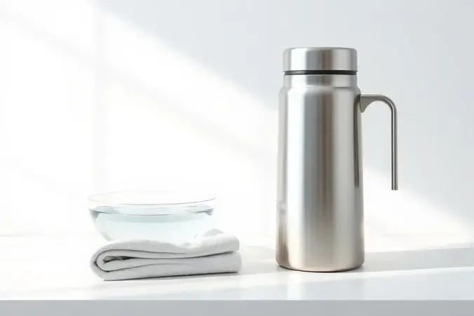 Jarra térmica inox ao lado de pano e água limpa em bancada impecável, cena conceitual de manutenção em render 3D sofisticado