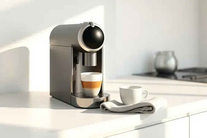 Cafeteira de cápsulas limpa em cozinha clara com pano de limpeza dobrado e xícara próxima, conceito de manutenção e vida útil