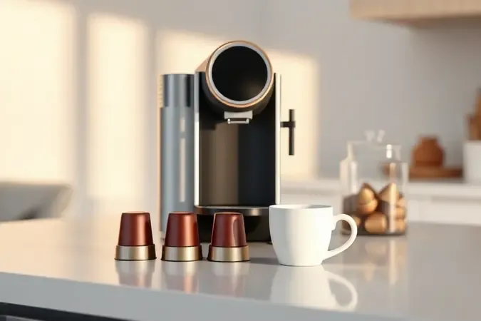 Render 3D de máquina de cápsulas com fileira de cápsulas e xícara em bancada limpa representando custo total