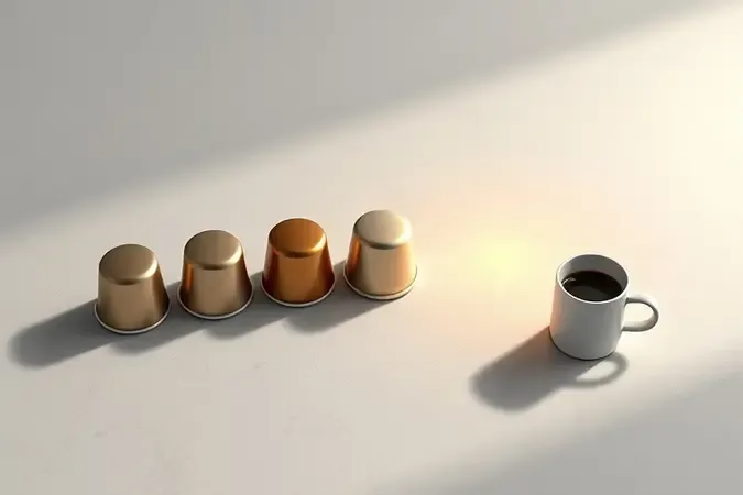 Cápsulas de café alinhadas sobre pedra polida com xícara pequena ilustrando comparação de custo por bebida em render conceitual