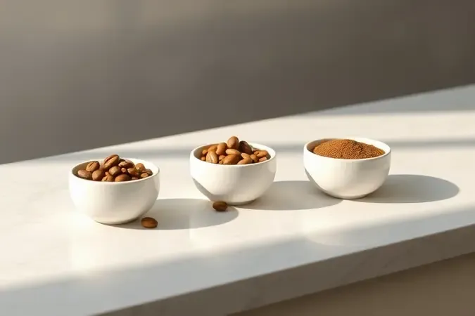 Comparação conceitual de cápsulas, grãos e pó de café em tigelas de cerâmica sobre superfície clara.
