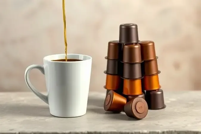 Xícara de espresso sendo preenchida com café ao lado de pilha de cápsulas em superfície limpa e moderna