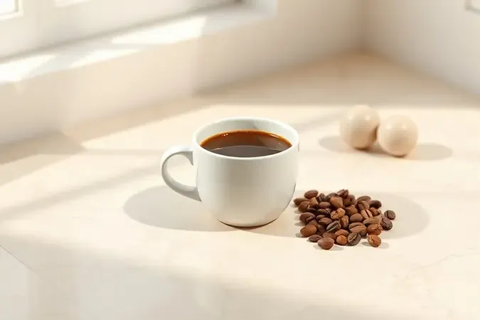 Xícara de café com grãos e esferas geométricas representando cálculo de custo por xícara