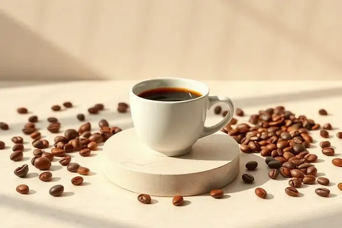 Composição conceitual de xícara de café gourmet com grãos verdes e torrados sobre pedestal de travertino