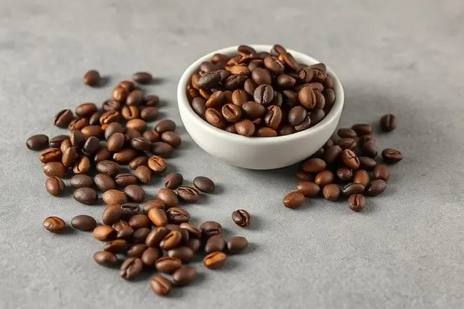 Render conceitual de grãos de café inteiros em diferentes níveis de torra sobre superfície minimalista, representando os critérios de qualidade do café em grãos.