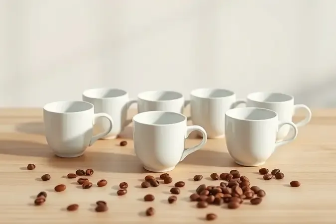 Degustação às cegas de café com xícaras brancas idênticas sobre mesa de madeira clara em cena conceitual.