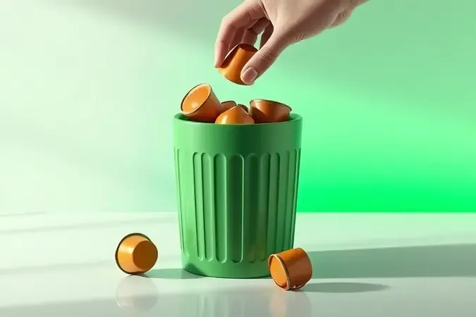Cápsulas de café usadas sendo colocadas em lixeira de reciclagem minimalista, conceito de descarte consciente e sustentável