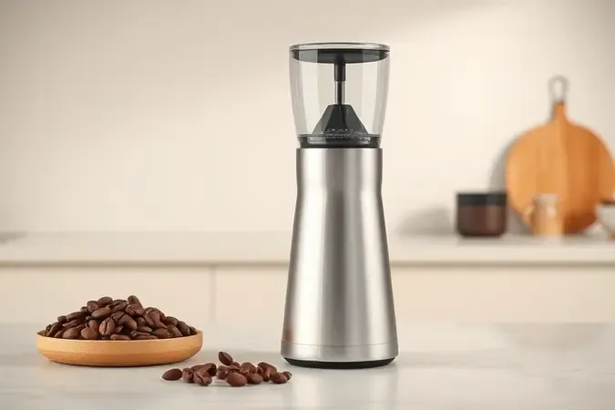 Moedor de café elétrico inox em render 3D com grãos inteiros e moídos sobre bancada limpa e luz suave