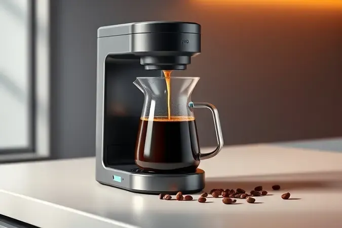 Render conceitual de preparo de café em cafeteira elétrica com vapor subindo e jarra térmica sobre bancada moderna