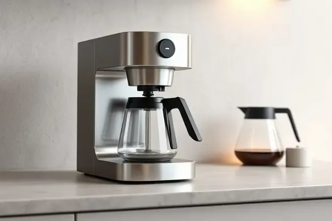Render 3D conceitual de cafeteira moderna com superfícies minimalistas e jarra de vidro sobre bancada de pedra