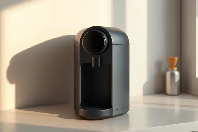 Cafeteira compacta de design moderno sobre bancada minimalista em render 3D conceitual
