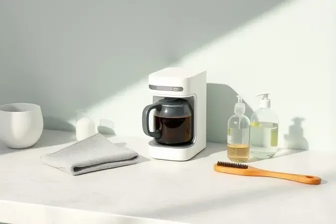 Cena conceitual de limpeza e manutenção de cafeteira portátil com pano, escova e frasco sobre superfície clara, em render 3D.