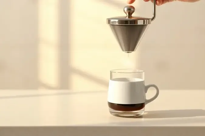 Preparo de café por método de extração com servidor de vidro e xícara de cerâmica sobre bancada limpa