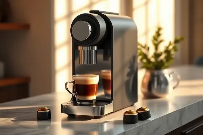 Cafeteira de cápsulas extraindo café expresso com leite vaporizado em cena conceitual de barista minimalista