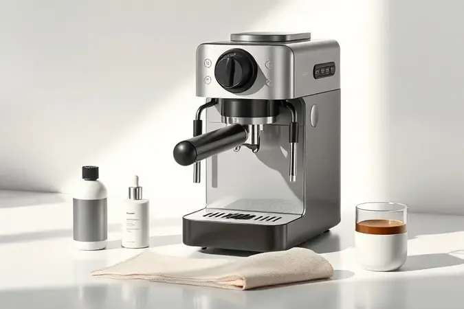 Cena conceitual 3D de limpeza e manutenção de cafeteira sem marca, com reservatório de água, pano e acessórios sobre superfície branca imaculada.