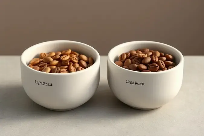 Comparação em 3D de grãos de café de torra clara e torra média em tigelas minimalistas