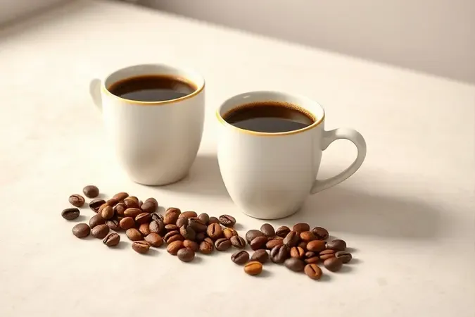 Três xícaras de café com grãos de torras diferentes em comparação conceitual minimalista