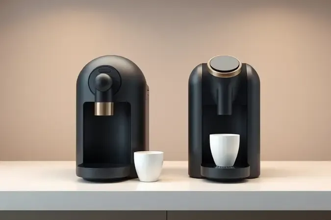 Render conceitual de duas cafeteiras modernas lado a lado, uma arredondada e outra angular, ilustrando comparação entre modelos