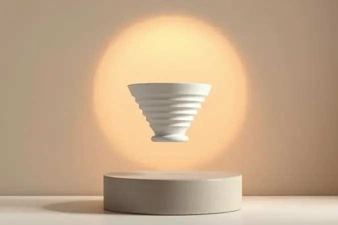 Render 3D conceitual de dripper de café coado em cerâmica sobre pedestal de pedra em tons neutros