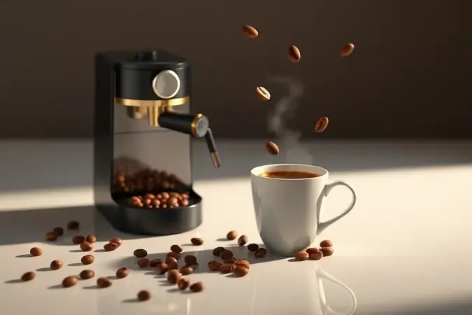 Cena conceitual elegante de xícara de café e grãos ao lado de cafeteira moderna