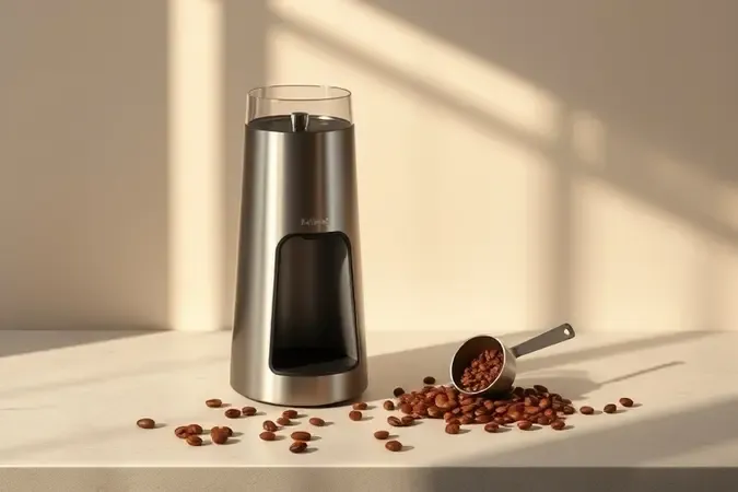 Render 3D conceitual com grãos de café, colher dosadora e moedor elétrico inox em composição clean e moderna