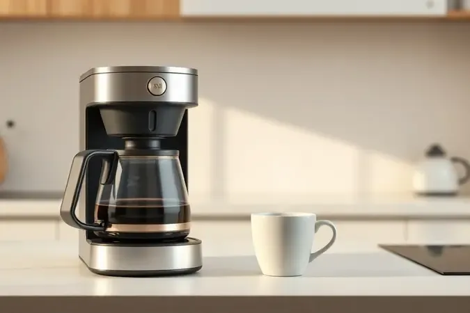 Cafeteira com copo térmico ao lado de xícara de café em ambiente clean e moderno