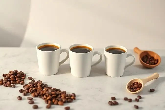 Xícaras de café variadas e grãos sobre superfície moderna para escolher a cafeteira ideal