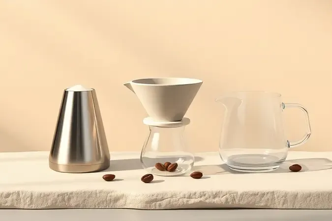 Diferentes materiais de coador de café como inox, vidro e cerâmica reunidos em cena conceitual moderna