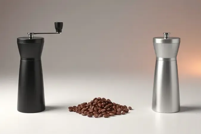 Comparação entre dois moedores de café de acabamentos distintos em render 3D conceitual
