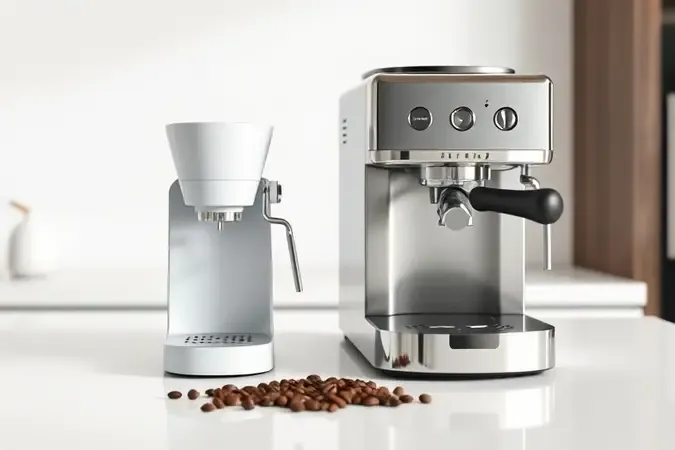 Comparação conceitual entre cafeteira de filtro e máquina de espresso em bancada branca